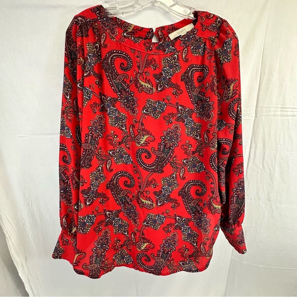 Loft Paisley Boatneck Puff Shoulder Blouse, Red, Size S - Picture 1 of 7